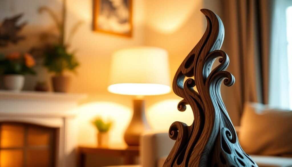A well-crafted wooden decor piece, expertly carved with intricate patterns and textures, stands prominently in a cozy, well-lit room. Soft, warm lighting from a nearby lamp casts a gentle glow, highlighting the rich grain and natural beauty of the wood. The carving features delicate, organic shapes that flow seamlessly, creating a sense of harmony and balance. In the foreground, the tactile, handmade nature of the piece invites touch and exploration, while the middle ground showcases the piece's integration into the surrounding decor, complementing the room's overall aesthetic. The background is softly blurred, allowing the viewer's focus to remain on the captivating wooden creation.