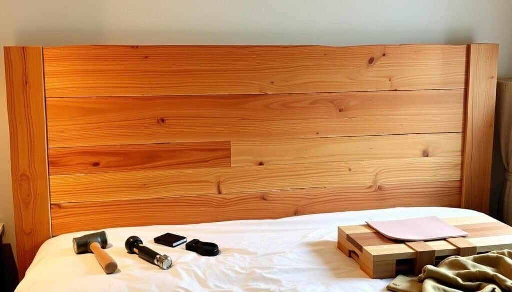 A well-crafted wooden headboard with a rustic, natural aesthetic, showcasing the warm tones and intricate grains of the wood. The headboard is situated in a cozy, softly lit bedroom setting, with a focus on the essential tools and materials used in its DIY construction - a hammer, chisel, saw, sandpaper, and various wood planks in varying shades. The image captures the craftsmanship and attention to detail required for this DIY home decor project, conveying the charm and warmth of a handmade wooden headboard. A well-crafted wooden headboard with a rustic, natural aesthetic, showcasing the warm tones and intricate grains of the wood. The headboard is situated in a cozy, softly lit bedroom setting, with a focus on the essential tools and materials used in its DIY construction - a hammer, chisel, saw, sandpaper, and various wood planks in varying shades. The image captures the craftsmanship and attention to detail required for this DIY home decor project, conveying the charm and warmth of a handmade wooden headboard.