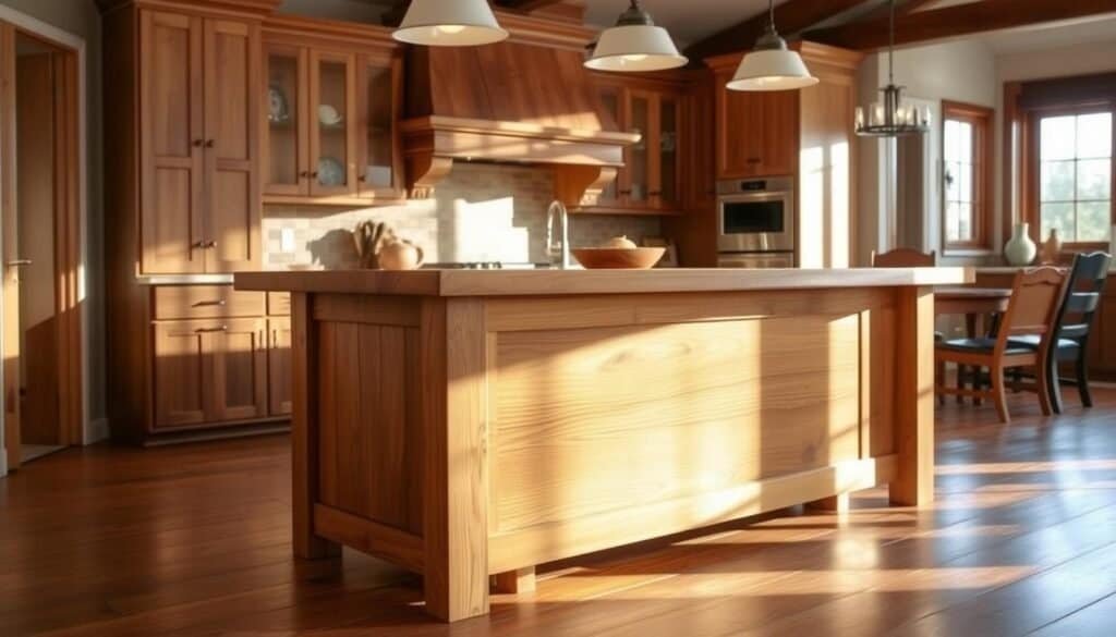A well-crafted wooden kitchen island by The Sawdust Man, standing prominently in a spacious, sun-drenched kitchen. The island's natural grain and smooth finish reflect the warm, inviting atmosphere. Soft, diffused lighting from overhead fixtures casts a cozy glow, highlighting the island's rustic charm. In the background, traditional cabinetry and stainless steel appliances complement the island's organic presence, creating a harmonious blend of modern and rustic elements. The island serves as a functional and visually captivating focal point, embodying the essence of "Warm Up Your Kitchen with Natural Wood."