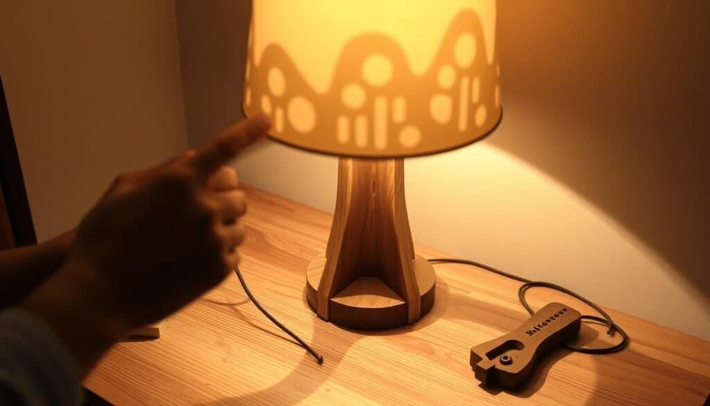 A well-crafted wooden lamp with a natural, rustic aesthetic sits atop a wooden table, its soft, warm glow emanating from a custom-made lampshade. The lamp's base is adorned with hand-carved details, casting intricate shadows that dance across the surface. In the foreground, a few final touches are being added, such as adjusting the lamp's position and ensuring the cord is neatly tucked away. The scene is bathed in a cozy, inviting light, creating a sense of tranquility and attention to detail. The overall composition highlights the craftsmanship and care that has gone into this DIY wooden lamp project.