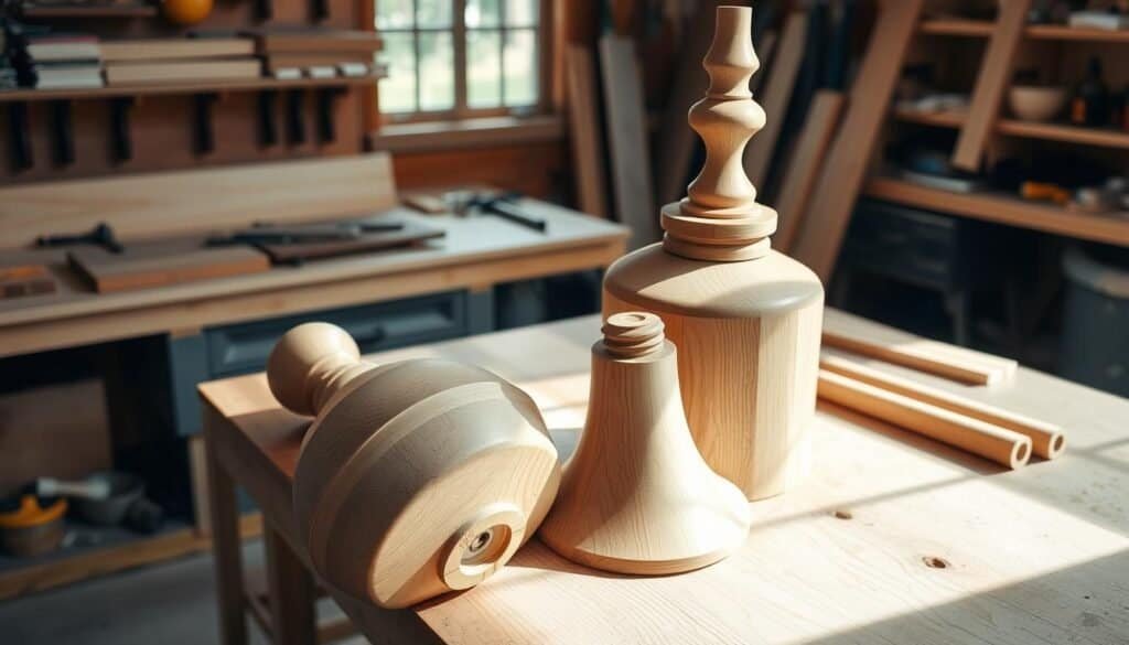 A well-crafted wooden light fixture assembly on a sturdy workbench in a bright, natural-lit workshop. The wooden components, including a rounded fixture body, decorative finial, and tapered base, are arranged neatly, showcasing the warm grain and textures. Soft shadows and highlights accentuate the intricate joinery and hand-finished details. The overall scene conveys a sense of craftsmanship, functionality, and the joy of DIY home projects.