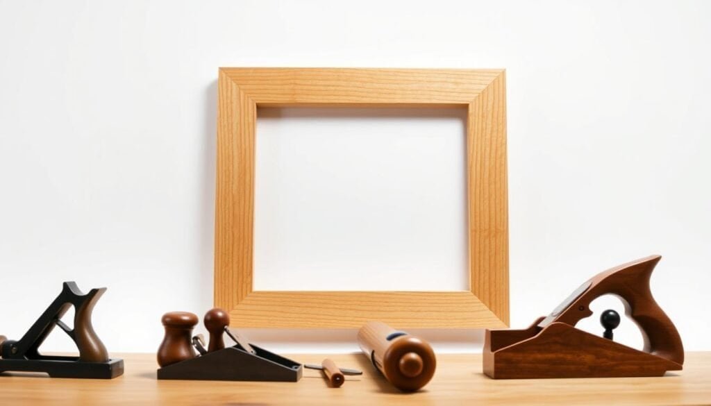 A well-crafted wooden picture frame with a natural grain and warm, honey-toned finish sits atop a clean, white background. The frame's elegant silhouette casts a soft shadow, hinting at the craftsmanship behind it. In the foreground, a range of precision woodworking tools - a chisel, a plane, and a saw - lie neatly arranged, suggesting the care and skill of "The Sawdust Man" who created this stunning piece. The lighting is soft and diffused, accentuating the texture and depth of the wood. This image captures the essence of custom, artisanal picture framing, inspiring the viewer to bring a touch of professional flair to their own home decor.
