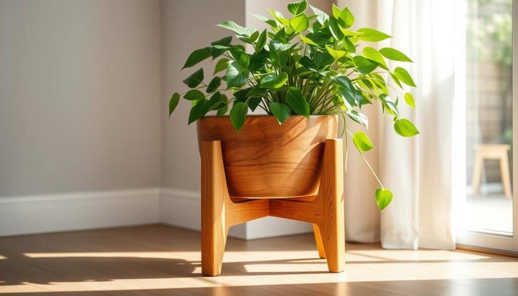 A well-crafted wooden planter stand in a cozy, natural-lit room. The stand's smooth, honey-toned wood grain contrasts beautifully with the lush foliage of a thriving houseplant. Soft, diffused lighting casts gentle shadows, accentuating the stand's elegant curves and the plant's vibrant leaves. The scene exudes a sense of tranquility and harmony, inviting the viewer to appreciate the simple pleasures of nature-inspired home decor.