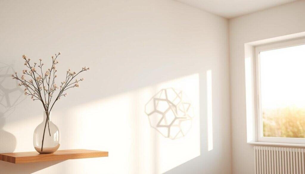 A well-lit 3D printed home interior with a sleek, modern aesthetic. In the foreground, a minimalist vase with delicate floral arrangements sits atop a floating wooden shelf. In the middle ground, a 3D printed geometric sculpture casts intricate shadows on the matte white walls. The background showcases a large window that floods the space with warm, natural light, highlighting the textures and details of the 3D printed objects. The overall mood is one of calm, refined elegance, perfectly suited for a modern home decor piece.