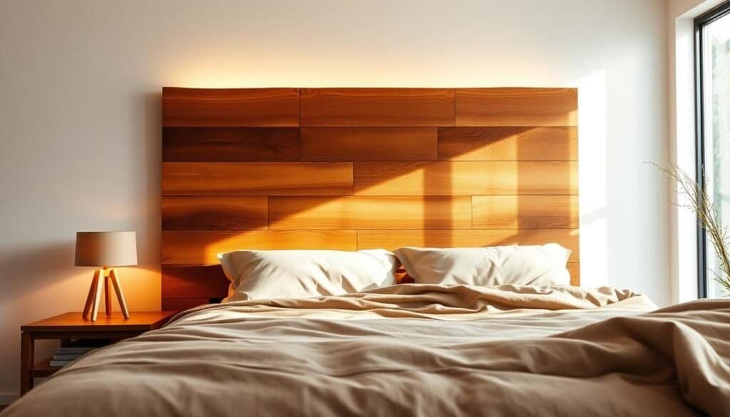 A well-lit, airy bedroom with a focal point of a modern, rustic wooden headboard. Warm, indirect lighting casts a soft glow, highlighting the natural grain and texture of the wood. In the foreground, a bedside table showcases a simple wooden lamp, casting a cozy ambiance. The middle ground features a plush, neutral-toned bedding set, complementing the wooden elements. In the background, a large window allows natural daylight to filter in, creating a serene, calming atmosphere. The overall scene conveys a sense of simplicity, comfort, and balance, perfect for promoting better sleep and focus. A well-lit, airy bedroom with a focal point of a modern, rustic wooden headboard. Warm, indirect lighting casts a soft glow, highlighting the natural grain and texture of the wood. In the foreground, a bedside table showcases a simple wooden lamp, casting a cozy ambiance. The middle ground features a plush, neutral-toned bedding set, complementing the wooden elements. In the background, a large window allows natural daylight to filter in, creating a serene, calming atmosphere. The overall scene conveys a sense of simplicity, comfort, and balance, perfect for promoting better sleep and focus.
