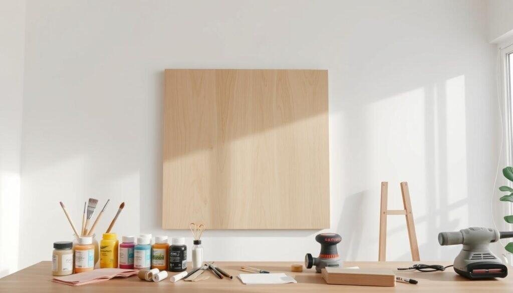A well-lit, airy home interior with a blank white wall. In the foreground, a DIY wooden wall art piece takes center stage. It features a minimalist geometric design with natural wood grains and a matte finish, subtly casting shadows on the wall. The middle ground showcases various art supplies and tools - acrylic paints, paint brushes, sandpaper, and a hand-held power sander. In the background, a window allows soft, diffused natural light to flood the space, creating a warm, inviting atmosphere. The overall scene conveys a sense of creativity, craftsmanship, and the joy of personalized home decor.