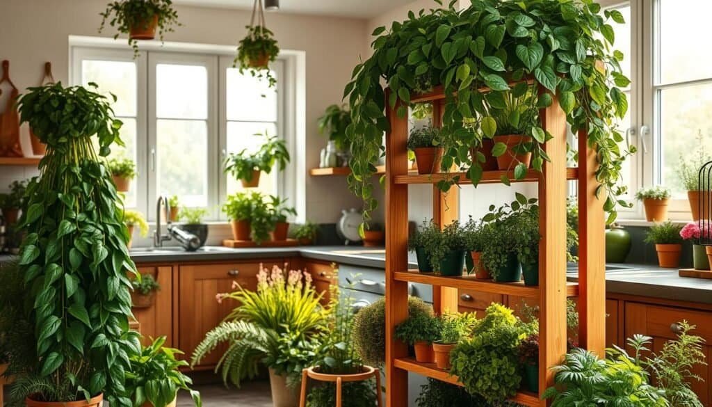 A well-lit, airy kitchen filled with lush, verdant greenery. A wooden plant stand in the foreground, its natural tones complementing the abundance of leafy plants cascading over its shelves. In the middle ground, a variety of potted herbs and flowers thrive, their vibrant colors and intricate textures drawing the eye. The background features a large window, letting in warm, diffused sunlight that casts a soft, natural glow over the entire scene. The atmosphere is serene and inviting, evoking a sense of tranquility and a connection to the natural world, even in the heart of the culinary space.