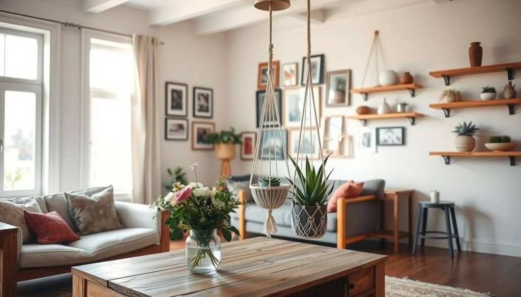 A well-lit, airy living room with a mix of rustic and modern DIY home decor projects. In the foreground, a handcrafted wooden coffee table with a vase of fresh flowers. Midground, a cozy armchair and a DIY macramé plant holder. In the background, a gallery wall with various framed artwork and DIY floating shelves displaying ceramic vases and potted succulents. Warm, natural lighting filters through large windows, creating a soothing, welcoming atmosphere. The room exudes a sense of relaxation and personal style.