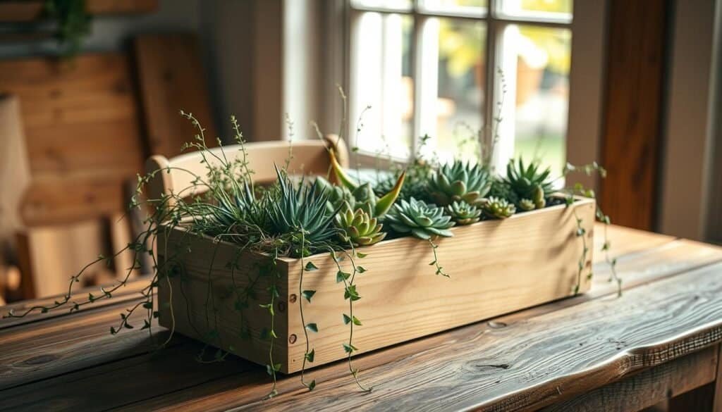 A well-lit, airy wooden planter box sits on a rustic wooden table, its clean lines and natural hues complementing the organic surroundings. Delicate succulents and cascading vines spill over the edges, creating a lush, inviting display. Warm, diffused lighting from a nearby window illuminates the scene, casting subtle shadows and highlighting the texture of the weathered wood. The camera angle is slightly elevated, capturing the planter box in a flattering, three-quarter view that showcases its thoughtful design and elegant presentation. The overall mood is serene, tranquil, and inspiring, inviting the viewer to imagine the peaceful experience of nurturing this living, breathing display.