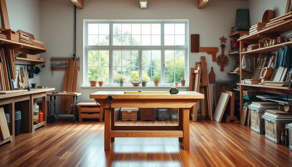 A well-lit, airy workshop space with a carpenter's workbench at the center. Various measuring tools, such as a tape measure, ruler, and caliper, are neatly arranged on the bench. The background features a large window overlooking a scenic garden, allowing natural light to flood the room. The floor is covered in smooth, polished hardwood, and the walls are adorned with shelves displaying an array of woodworking materials and equipment. The overall atmosphere is one of precision, organization, and a passion for craftsmanship.