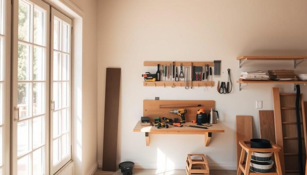 A well-lit, airy workshop with a fold-away workbench nestled against a wall. The workbench is made of sturdy wood, its surface adorned with a variety of tools neatly arranged. Soft, natural light filters through large windows, casting a warm glow over the space. The background features a clean, minimalist design, allowing the focus to remain on the functional and compact nature of the fold-away workshop. The overall atmosphere is one of efficient organization and practical utility, capturing the essence of maximizing small spaces for dedicated woodworking and DIY projects.