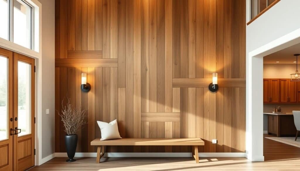 A well-lit and warm-toned modern farmhouse entryway, featuring a prominent wooden accent wall with intricate natural grains and a rustic, weathered appearance. The wall extends from the floor to the high ceilings, creating a striking visual focal point. A wooden bench with plush cushions sits beneath, inviting visitors to pause and admire the space. Soft lighting from sconces and recessed fixtures casts a cozy glow, complementing the organic textures. The entryway opens onto a spacious living area with neutral-toned furnishings, creating a cohesive, harmonious aesthetic. The overall atmosphere is one of refined country charm, blending modern and rustic elements for a welcoming, comfortable feel.