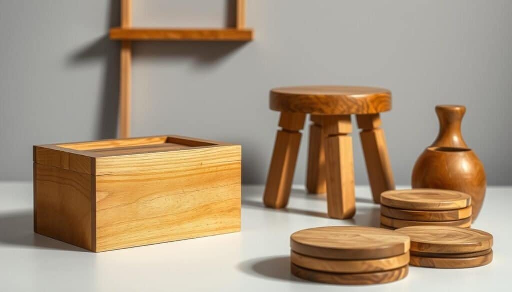 A well-lit, artfully-arranged still life of simple, handcrafted wooden objects. In the foreground, a rustic wooden box with a natural finish, its clean lines and smooth texture inviting the viewer to touch. Beside it, a set of wooden coasters, their grain patterns and subtle variations creating visual interest. In the middle ground, a sturdy wooden stool, its sturdy construction and warm tones suggesting functionality and durability. In the background, a minimalist wooden wall shelf, its clean lines and understated design complementing the other elements. The overall mood is one of simplicity, craftsmanship, and the natural beauty of wood.