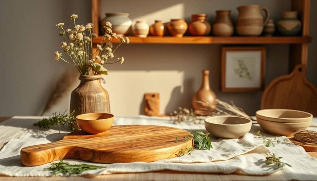 A well-lit, artfully arranged still life showcasing a harmonious blend of natural materials. In the foreground, a beautifully grained wooden cutting board sits atop a linen cloth, complemented by a scattering of fresh herbs and a ceramic bowl. In the middle ground, a rustic wooden vase holds a bouquet of wildflowers, their delicate petals adding a pop of color. The background features a wooden shelf displaying an array of earthy, textured ceramics and a single, gracefully framed piece of natural artwork, all bathed in warm, golden light. The overall scene evokes a sense of simplicity, warmth, and connection to the natural world.