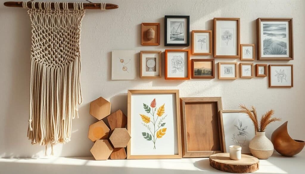 A well-lit, artfully arranged still life showcasing an array of DIY wall art pieces. In the foreground, a large, intricate macrame hanging in earthy tones cascades from a weathered wooden rod. Beside it, a set of hand-painted wooden shapes, each with a unique abstract design, are displayed on a clean white background. In the middle ground, a rustic wooden frame contains a vibrant botanical print, its colors complementing the neutral tones of the other elements. In the background, a collection of framed sketches and paintings in a variety of mediums hang on a textured off-white wall, creating a harmonious gallery-like display. Soft, natural lighting accentuates the organic, handcrafted quality of the pieces, conveying a sense of warmth and creativity. A well-lit, artfully arranged still life showcasing an array of DIY wall art pieces. In the foreground, a large, intricate macrame hanging in earthy tones cascades from a weathered wooden rod. Beside it, a set of hand-painted wooden shapes, each with a unique abstract design, are displayed on a clean white background. In the middle ground, a rustic wooden frame contains a vibrant botanical print, its colors complementing the neutral tones of the other elements. In the background, a collection of framed sketches and paintings in a variety of mediums hang on a textured off-white wall, creating a harmonious gallery-like display. Soft, natural lighting accentuates the organic, handcrafted quality of the pieces, conveying a sense of warmth and creativity.