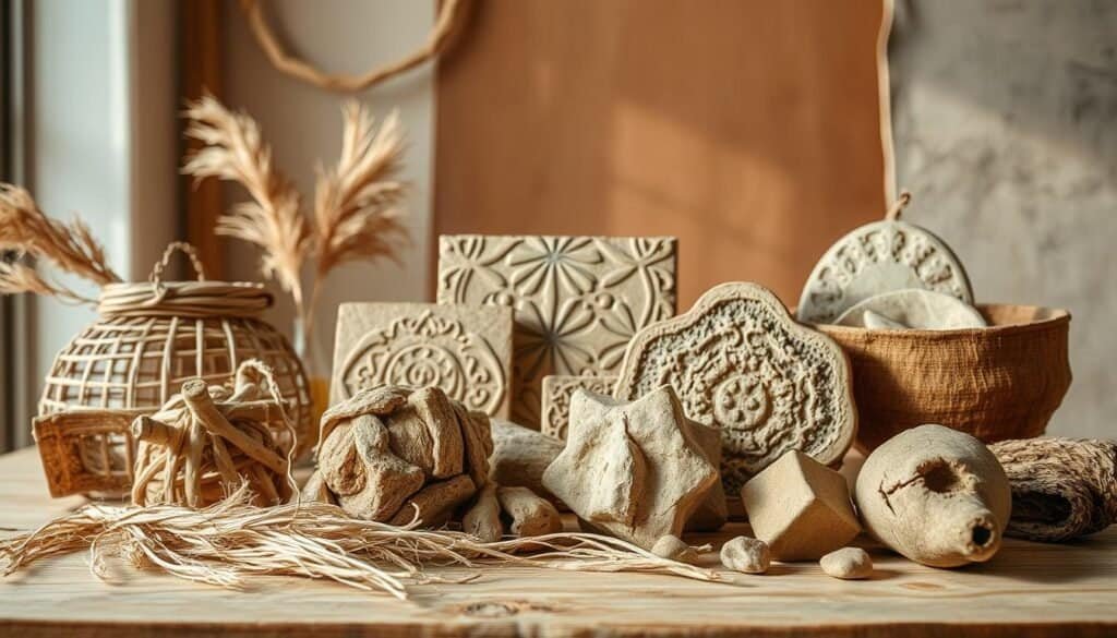 A well-lit, artisanal still life featuring a variety of handcrafted textural elements. In the foreground, a collection of natural materials such as woven rattan, rough-hewn wood, and organic fibers. In the middle ground, intricately patterned ceramic tiles or handpressed clay shapes, their surfaces subtly uneven. The background showcases a mix of warm, muted tones and soft, diffused lighting, creating a serene, inviting atmosphere. The overall composition emphasizes the tactile and visually striking qualities of these DIY home décor pieces, capturing their bespoke, artisanal nature.