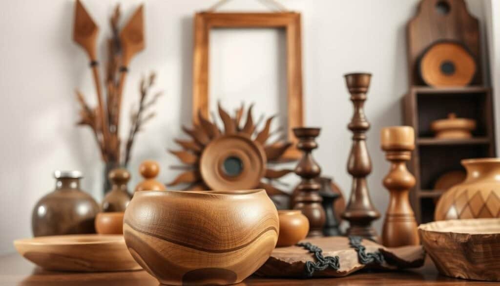 A well-lit, artistically arranged display of various wooden home decor objects. In the foreground, a delicately carved wooden vase or bowl, its natural grain and texture visible. Surrounding it, a thoughtful curation of other wooden pieces - perhaps a decorative tray, a small figurine, and a set of rustic candlesticks. The middle ground features a wooden picture frame or wall hanging, its simple elegance framing the display. In the background, a neutral, softly-lit room setting, allowing the wooden textures and tones to take center stage. The overall scene conveys a sense of warmth, craftsmanship, and a touch of personal style.