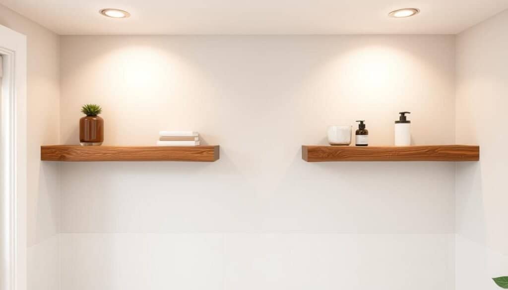 A well-lit bathroom interior featuring a pair of rustic live-edge wooden shelves mounted securely to the wall. The natural grain and organic texture of the wood shelves create a warm, earthy aesthetic, complementing the neutral tile flooring and minimalist decor. Soft, diffused lighting from overhead fixtures gently illuminates the space, casting a cozy, inviting ambiance. The shelves are positioned at an optimal height, providing ample storage and display space for bathroom essentials while showcasing the beauty of the reclaimed timber. A clean, uncluttered composition emphasizes the elegant simplicity of the live-edge design.