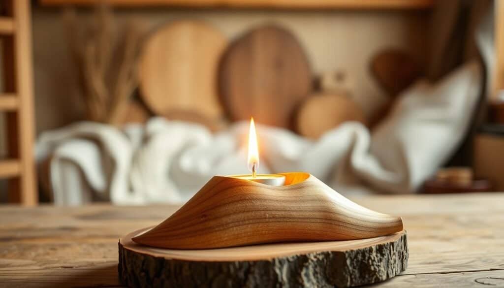 A well-lit, beautifully crafted wooden candle holder sits atop a rustic wooden table, casting a warm, inviting glow. The smooth, organic curves of the design are highlighted by strategic lighting, emphasizing the tactile and sensory pleasures of woodworking. In the background, a blurred, cozy interior scene with natural textures and a minimal, neutral color palette suggests the calming, meditative benefits of this creative pursuit. The overall atmosphere evokes a sense of accomplishment, mindfulness, and the power of small, meaningful projects to bring joy and fulfillment.