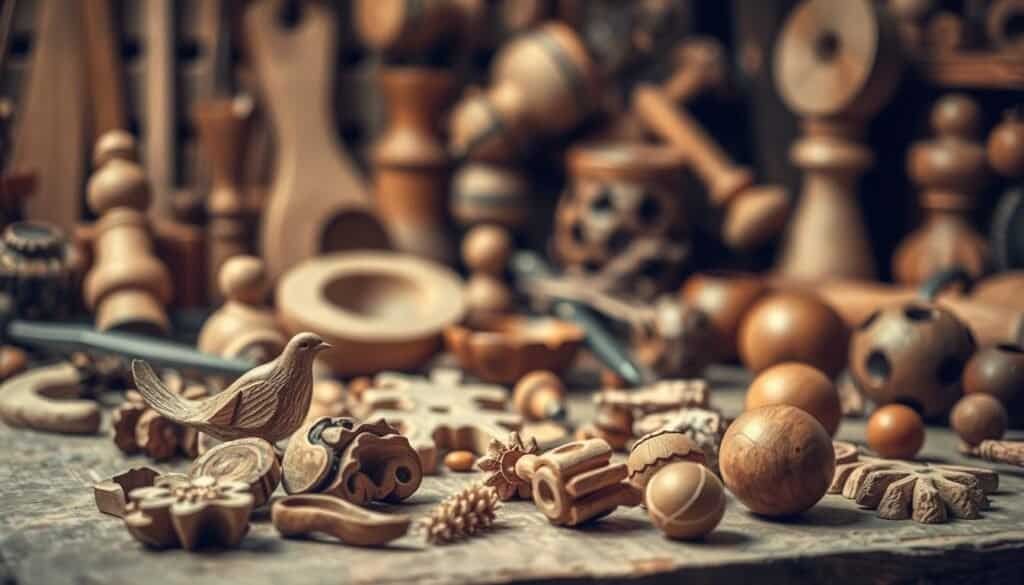 A well-lit, close-up image of an artisan's workbench covered in an assortment of neatly arranged, intricately carved wooden objects and ornaments, crafted from repurposed wood scraps. The foreground showcases a selection of finely detailed, organic shapes and textures, including a delicate wooden bird figurine, a small hand-carved bowl, and a polished wooden bead. In the middle ground, a variety of partially worked wood pieces and hand tools are visible, hinting at the creative process. The background is softly blurred, focusing the viewer's attention on the handmade wooden objects and the skilled craftsmanship involved in their creation. The overall mood is one of mindful, purposeful creativity and the transformative beauty that can emerge from upcycling simple wood scraps.