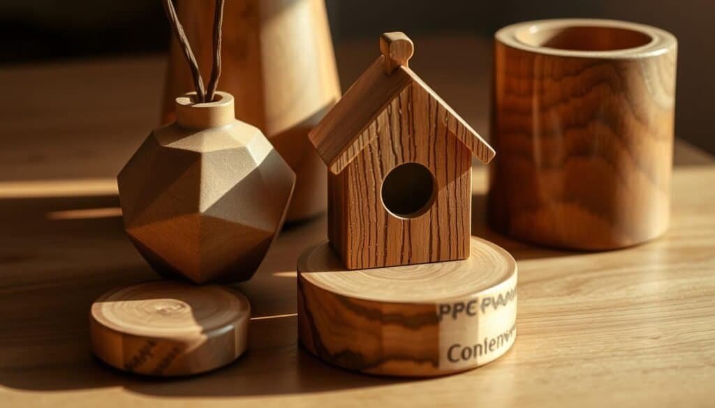 A well-lit, close-up shot of a small collection of handcrafted wooden decorative items, showcasing intricate textures and natural grain patterns. The items include a simple geometric vase, a delicately carved birdhouse, and a smooth, cylindrical candleholder, all arranged neatly on a clean wooden surface. Soft, warm lighting from the side creates subtle shadows, emphasizing the depth and contours of the pieces. The overall composition conveys a sense of rustic elegance and attention to detail, reflecting the thoughtful and safe approach to creating such artisanal home decor.