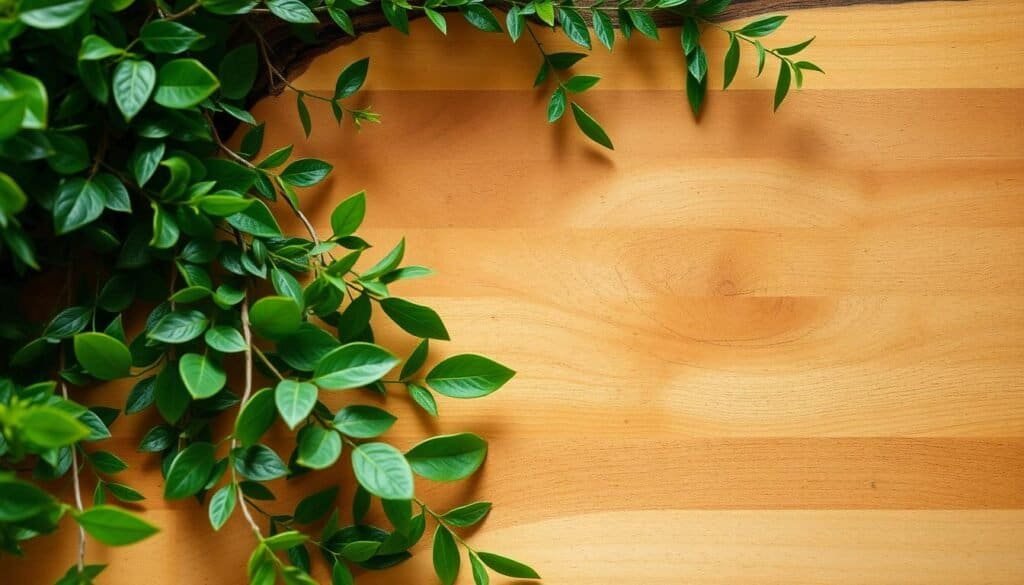 A well-lit, close-up view of a carefully maintained wood and plant display. The wooden surface is polished to a warm, natural glow, with delicate veins and knots visible. Lush, vibrant greenery spills gracefully over the edges, creating a harmonious blend of organic textures. Soft, diffused lighting from above casts gentle shadows, highlighting the tactile qualities of the materials. The composition is balanced and visually appealing, inviting the viewer to appreciate the serene, tranquil atmosphere of this carefully curated vignette.
