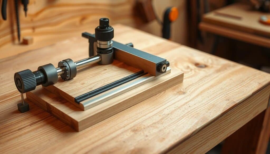 A well-lit, close-up view of a woodworking jig with intricate details and precise mechanical components. The jig is positioned on a clean, uncluttered workbench made of rich, weathered wood. Warm, diffused lighting casts soft shadows, highlighting the jig's carefully crafted features and emphasizing its thoughtful design. The scene conveys a sense of professionalism, attention to detail, and the importance of using the right tools to achieve exceptional woodworking results, avoiding common mistakes.