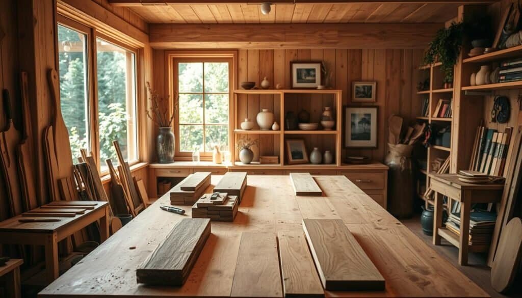 A well-lit, cozy interior with natural wood textures and handcrafted DIY accents. Warm lighting illuminates a wooden workbench adorned with an array of artisanal woodworking tools. In the foreground, a selection of polished wooden planks and unfinished projects hint at the creative process. The middle ground features a bookshelf displaying organic ceramic vases and framed nature photographs, creating a sense of tranquility. The background showcases large windows overlooking a lush, serene garden, blending the indoor and outdoor spaces seamlessly. The overall atmosphere conveys a peaceful, introspective mood perfect for mindful DIY activities.