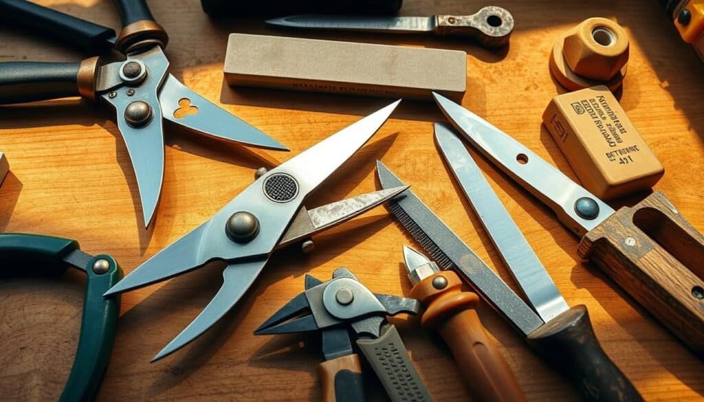 A well-lit, detailed close-up image of various garden and lawn tools laid out on a wooden workbench. The tools include sharp hand-held pruning shears, secateurs, a whetstone, a file, and a sharpening stone. The tools are arranged in an organized manner, with careful attention to the textures, materials, and intricate mechanisms of each item. The lighting is warm and natural, casting soft shadows that highlight the shapes and edges of the tools. The background is a clean, uncluttered workspace, allowing the viewer to focus on the sharpening process and the quality of the tools. A well-lit, detailed close-up image of various garden and lawn tools laid out on a wooden workbench. The tools include sharp hand-held pruning shears, secateurs, a whetstone, a file, and a sharpening stone. The tools are arranged in an organized manner, with careful attention to the textures, materials, and intricate mechanisms of each item. The lighting is warm and natural, casting soft shadows that highlight the shapes and edges of the tools. The background is a clean, uncluttered workspace, allowing the viewer to focus on the sharpening process and the quality of the tools.