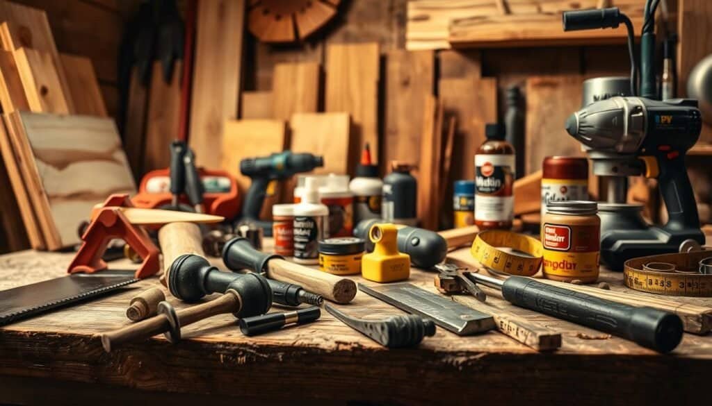 A well-lit, detailed close-up photograph of an assortment of DIY woodworking tools on a rustic wooden workbench. In the foreground, a selection of hand tools including a saw, hammer, sandpaper, and measuring tape. In the middle ground, power tools like a drill, orbital sander, and jigsaw. The background features various wooden planks, stains, and finishing supplies. The lighting creates warm, natural shadows that accentuate the textures of the wood and metal. The overall mood is one of a cozy, homemade workshop ready to tackle a simple DIY wall art project.
