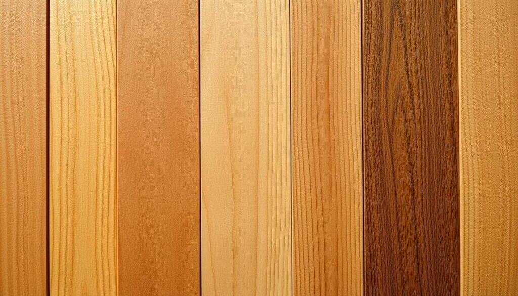 A well-lit, detailed close-up photograph of various natural wood tones and grains. The frame is filled with a mix of light and dark wood textures, including oak, maple, and walnut, showcasing the beautiful organic patterns and variations. The lighting casts subtle shadows that accentuate the depth and tactile quality of the wood. The image has a warm, inviting atmosphere, highlighting the calming, earthy tones and the inherent beauty of natural materials. The camera angle is slightly angled to capture the full range of tones and a sense of depth, allowing the viewer to appreciate the visual and tactile qualities of the wood.