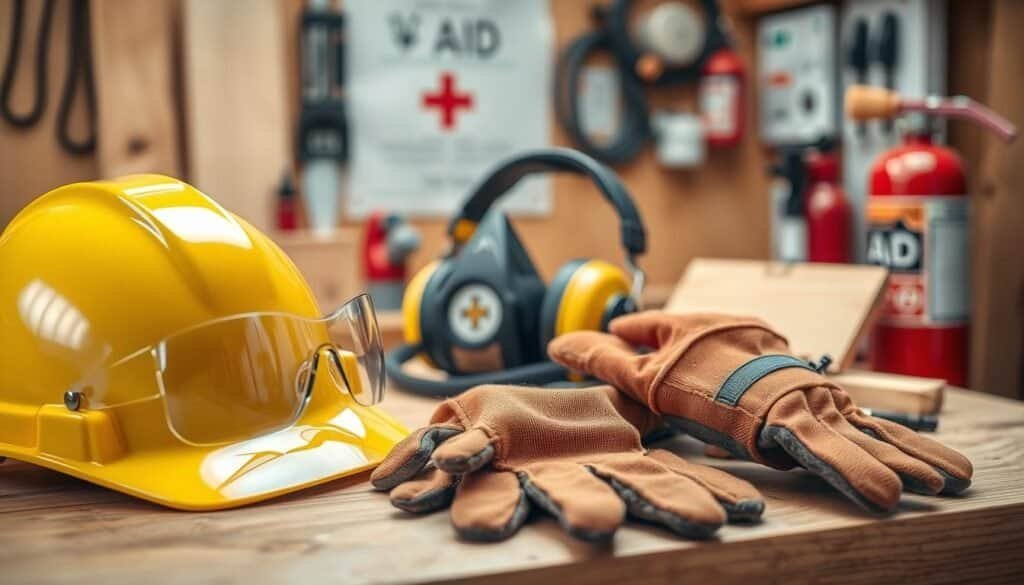 A well-lit, detailed image of essential woodworking safety equipment on a clean, wooden workbench. In the foreground, a hard hat, safety goggles, and sturdy work gloves. In the middle ground, a respirator mask and ear protection headphones. In the background, a first aid kit and a fire extinguisher. The scene has a warm, inviting atmosphere, showcasing the necessary tools for a beginner woodworker to work safely and confidently.