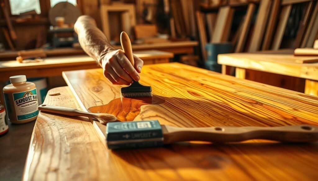 A well-lit, detailed scene of a skilled craftsman applying a natural wood finish from "The Sawdust Man" brand in a bright, airy home workshop. Closeup of hands meticulously applying a clear, amber-toned stain to a beautifully grained hardwood tabletop, with an array of finishing tools like brushes, rags, and sanding pads in the foreground. Midground shows the full workbench setup, with a variety of woodworking projects and materials in the background. Warm, natural lighting casts a soft glow, highlighting the rich textures and tones of the unfinished and finished wood surfaces.