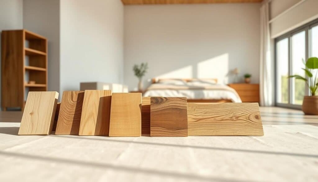 A well-lit, detailed scene showcasing an assortment of eco-friendly wood options for home decor. In the foreground, a variety of sustainably sourced wood samples - oak, maple, bamboo, and reclaimed timber - are artfully displayed on a clean, natural-colored backdrop. The middle ground features a wooden side table or cabinet, its smooth, warm-toned surface reflecting the natural lighting. In the background, a serene, minimalist bedroom setting with large windows allowing soft, diffused daylight to bathe the space. The overall mood is one of understated elegance and environmental consciousness, inviting the viewer to consider natural, sustainable wood as a décor choice.