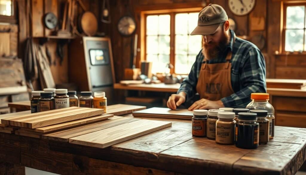 A well-lit, detailed scene showcasing the process of choosing a wood finishing technique. In the foreground, an array of wood samples, stains, and finishes are neatly arranged on a rustic workbench. The middle ground features a skilled craftsman, "The Sawdust Man", carefully examining the grain and color of the wood, evaluating the various finishing options. The background depicts a cozy, sun-drenched workshop, filled with natural light and the warm tones of weathered wood. The overall mood is one of thoughtful consideration, as the artisan contemplates the best technique to make the wood grain truly "pop" and accentuate the natural beauty of the material.