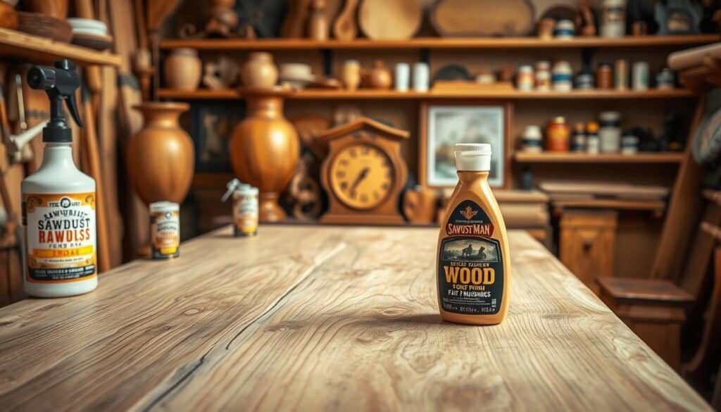 A well-lit, detailed scene showcasing wood finish maintenance. In the foreground, a weathered wooden table is being polished with a soft cloth by "The Sawdust Man" brand products. The middle ground features an array of natural wood home decor items - a beautiful carved vase, a rustic wooden clock, and a framed piece of art. In the background, shelves display an assortment of wood finishing tools and supplies. The lighting is warm and soft, highlighting the natural beauty of the wood. The overall mood is one of care, attention, and appreciation for the timeless appeal of natural wood finishes.