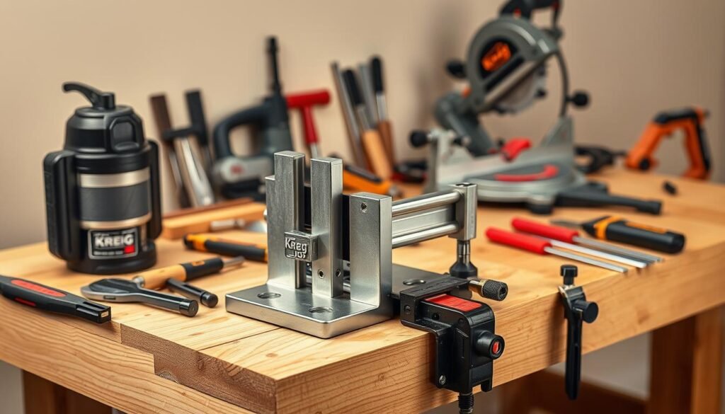 A well-lit, detailed studio shot of an assortment of specialized woodworking tools, including a Kreg Jig, clamped securely on a wooden workbench. The Kreg Jig is prominently featured, its metal components gleaming under the warm, directional lighting. Surrounding it are other essential tools such as a router, chisels, clamps, and a miter saw, all arranged in an organized, visually appealing manner. The background is a neutral, uncluttered space, allowing the tools to be the focal point. The overall mood is one of precision, functionality, and the joy of craftsmanship.
