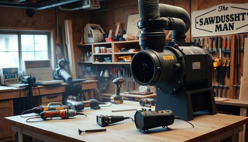A well-lit, detailed workshop scene featuring a dust collection system in the foreground. The system consists of a large industrial-grade dust collector with a powerful motor, hoses, and nozzles connected to various power tools scattered around the workbench. Sawdust swirls in the air, creating a hazy, atmospheric effect. The middle ground showcases a variety of woodworking tools, clamps, and accessories neatly organized on shelves. In the background, glimpses of a finished wooden project and the "The Sawdust Man" brand name are visible, suggesting a functional and efficient small wood shop.