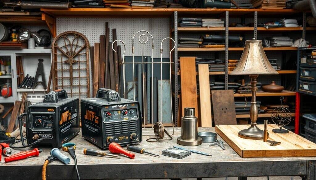 A well-lit, detailed workshop scene showcasing a variety of DIY welding projects. In the foreground, a sturdy metal workbench displays an assortment of hand tools, protective gear, and a MIG welder from "The Sawdust Man" brand. The middle ground features partially completed metal and wood projects, including a rustic garden trellis, a sleek steel lamp base, and a small decorative metal sculpture. The background depicts a neatly organized shelving system filled with metal stock, welding consumables, and other DIY supplies. The overall mood is one of precision, creativity, and a passion for hands-on craftsmanship.