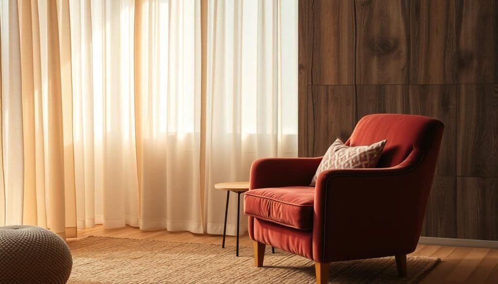 A well-lit, elegantly composed interior design scene featuring an assortment of textural elements. In the foreground, a soft, plush velvet armchair invites the viewer to sink in and relax. Its rich, jewel-toned hue contrasts beautifully with the smooth, light-reflecting surface of a wooden side table. In the middle ground, an intricately patterned woven rug grounds the space, its intricate fibers adding visual depth. Hanging above, sheer curtains billow gently, their delicate fabric diffusing the light and creating a cozy, ambient atmosphere. The background showcases a tactile, weathered wooden wall panel, its knots and grains adding a rustic, earthy touch to the overall scene. Subtle, warm lighting casts a golden glow, enveloping the room in a sense of warmth and comfort.