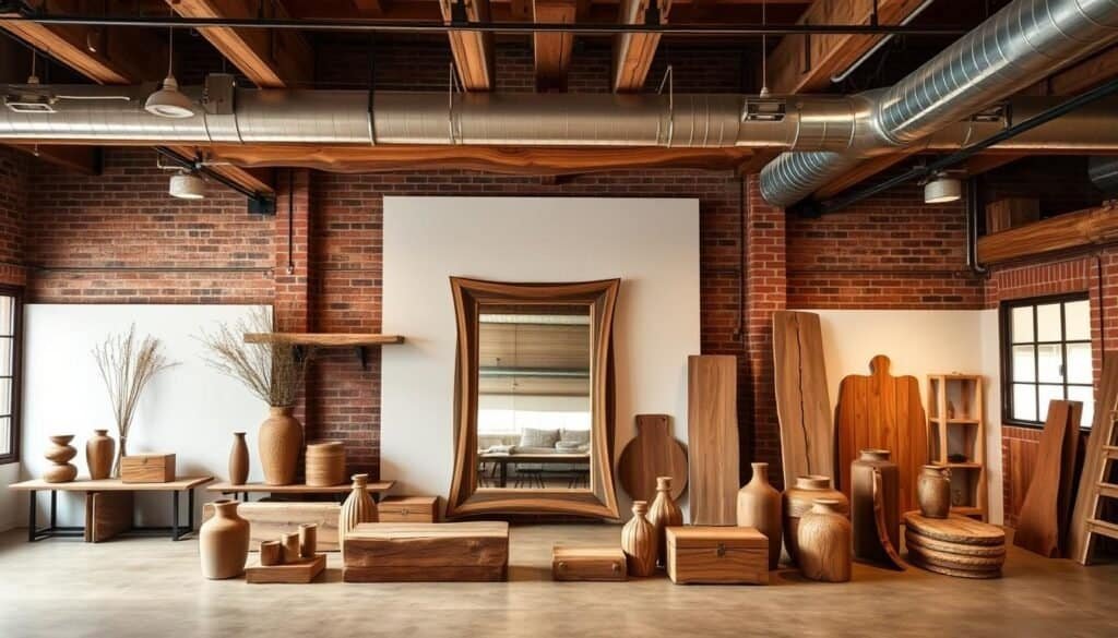 A well-lit, expansive studio space showcasing an assortment of rustic, reclaimed wood home decor pieces. In the foreground, a beautifully crafted live edge wood shelf adorns the wall, its natural grain and textures accentuated by warm, soft lighting. Beside it, a collection of decorative wooden boxes, vases, and candleholders, each item uniquely distressed and weathered, exuding a sense of timeless charm. In the middle ground, a large, vintage-inspired mirror frame, its wood surface smoothed and polished, reflects the studio's cozy, inviting ambiance. The background features a harmonious blend of earthy tones, with exposed brick walls and wooden beams complementing the overall rustic, yet refined aesthetic.