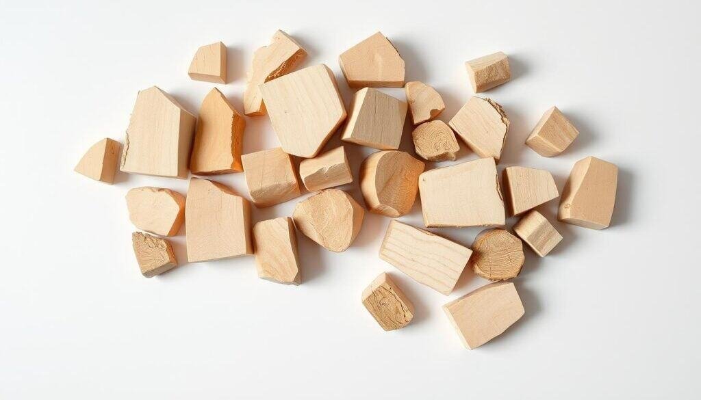 A well-lit, high-angle photograph of a simple arrangement of smooth, light-toned wooden pieces of various sizes and shapes, arranged in a natural, organic composition on a clean, plain surface. The wood has a warm, textural appearance, with subtle variations in grain and tone. The lighting casts gentle shadows, creating a sense of depth and dimensionality. The overall mood is calm, serene, and inviting, evoking a sense of natural, rustic simplicity.