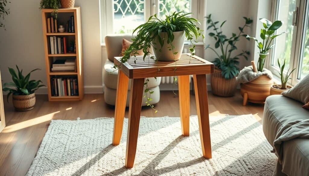 A well-lit, high-angle shot of a handcrafted wooden plant stand in a cozy, sun-dappled living room. The stand features elegant, flared legs and a slatted top surface, showcasing a lush, trailing potted plant. The natural wood grain is accentuated by soft, warm lighting, creating a inviting, rustic ambiance. The stand is situated atop a plush area rug, with a bookshelf and houseplants visible in the background, conveying a sense of tranquil, organic harmony within the domestic space.