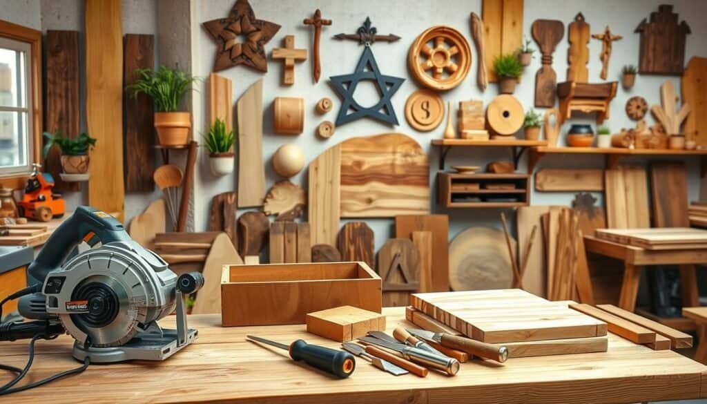 A well-lit, high-quality image showcasing a variety of DIY wood decor projects, including handcrafted wooden planters, wall hangings, and rustic home accents. The foreground features an assortment of The Sawdust Man's premium woodworking tools, such as a miter saw, orbital sander, and chisels, neatly arranged on a wooden workbench. In the middle ground, various stages of wood projects are visible, from raw lumber to sanded and stained pieces. The background depicts a cozy, natural-lit workshop setting, with shelves displaying finished DIY wood decor items. The image conveys a sense of creativity, attention to detail, and the satisfaction of handmade home furnishings.
