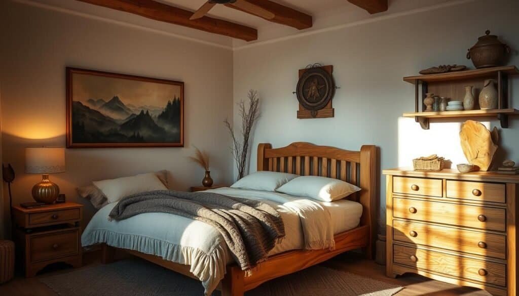 A well-lit, high-quality photograph of a cozy and inviting bedroom interior. The room is filled with various sustainable wood décor elements, including a wooden bed frame with a plush comforter, a solid wood nightstand with a simple table lamp, and a wooden dresser with intricate carved details. The walls are adorned with a large, framed landscape painting and a wooden shelving unit displaying decorative items. Soft, warm lighting casts a gentle glow throughout the space, creating a serene and relaxing atmosphere. The overall design showcases the natural beauty and craftsmanship of the wood, highlighting its texture and grain. The room exudes a sense of comfort and environmental consciousness.