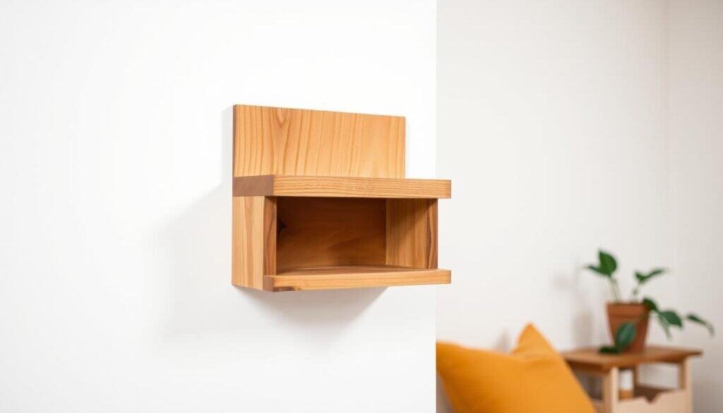 A well-lit, high-quality photograph of a small, handcrafted wooden accent piece, such as a simple wall-mounted shelf or a minimalist side table. The wooden surface has a warm, natural grain and a smooth, sanded finish. The piece is positioned in a cozy, inviting living space, with soft lighting and subtle details in the background, such as a plant or a decorative item, that complement the rustic, homemade aesthetic. The overall mood is one of pride, accomplishment, and a sense of personal fulfillment, conveying the confidence and sense of capability that can come from completing a successful DIY woodworking project.