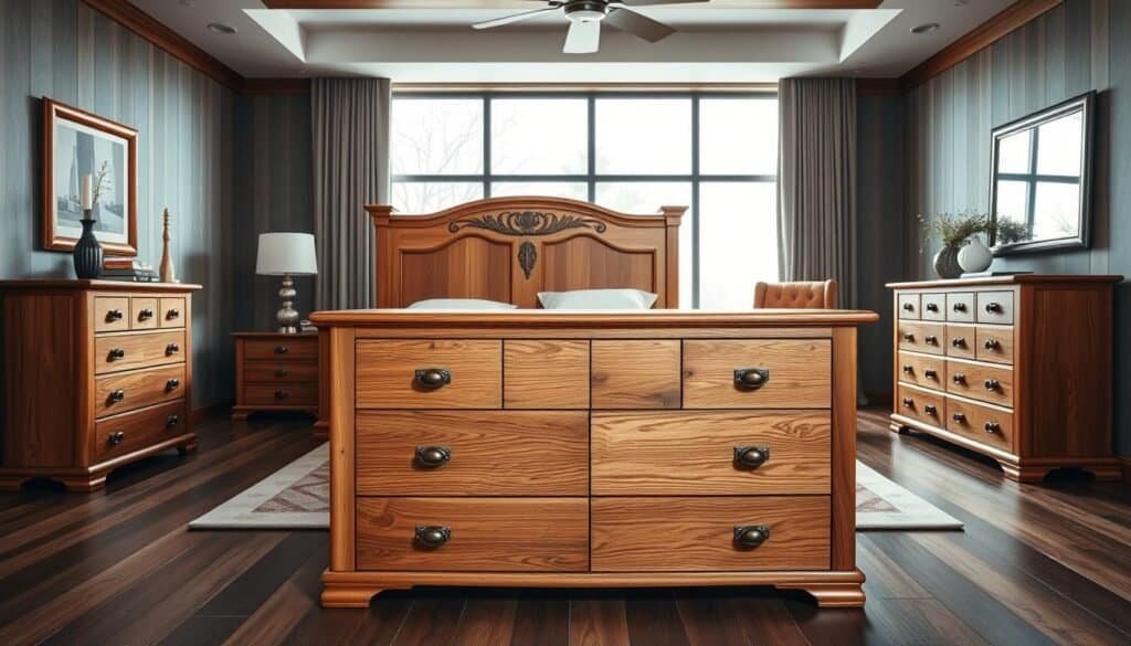 A well-lit, high-quality photograph showcasing a collection of striking wood furniture pieces in a spacious bedroom setting. The centerpiece is a grand, solid oak bed frame with intricate carved details, flanked by a pair of matching wooden nightstands with clean, minimalist lines. In the foreground, a sturdy oak dresser with ample storage drawers takes center stage, its warm, natural grain patterns accentuated by soft, diffused lighting. In the background, a wooden armchair and side table create a cozy reading nook, while a large, floor-to-ceiling window allows natural light to flood the space, enhancing the organic, earthy tones of the wood. The overall scene exudes a sense of timeless sophistication and rustic elegance. A well-lit, high-quality photograph showcasing a collection of striking wood furniture pieces in a spacious bedroom setting. The centerpiece is a grand, solid oak bed frame with intricate carved details, flanked by a pair of matching wooden nightstands with clean, minimalist lines. In the foreground, a sturdy oak dresser with ample storage drawers takes center stage, its warm, natural grain patterns accentuated by soft, diffused lighting. In the background, a wooden armchair and side table create a cozy reading nook, while a large, floor-to-ceiling window allows natural light to flood the space, enhancing the organic, earthy tones of the wood. The overall scene exudes a sense of timeless sophistication and rustic elegance.