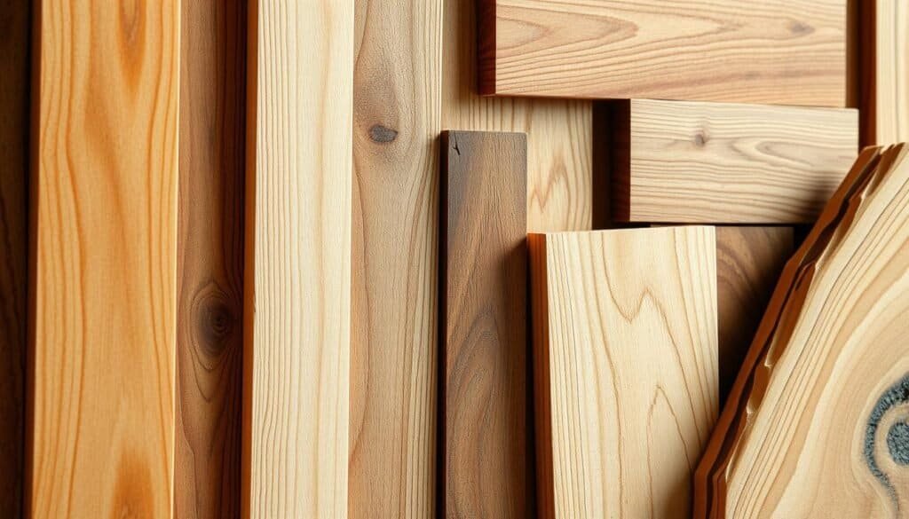 A well-lit, high-resolution close-up photograph of a selection of various types of wood suitable for crafting wall shelves. The image showcases a diverse range of natural wood grains, colors, and textures, including maple, oak, walnut, cherry, and pine. The wood samples are arranged in an artistic, visually appealing manner, with each piece carefully positioned to highlight its unique characteristics. The lighting is soft and diffused, creating a warm, inviting ambiance that complements the organic nature of the materials. The angle is slightly angled to provide a dynamic, three-dimensional perspective, allowing the viewer to appreciate the depth and tactile qualities of the different wood types. Overall, the image conveys a sense of rustic elegance and inspiration for those seeking to incorporate natural elements into their home decor.