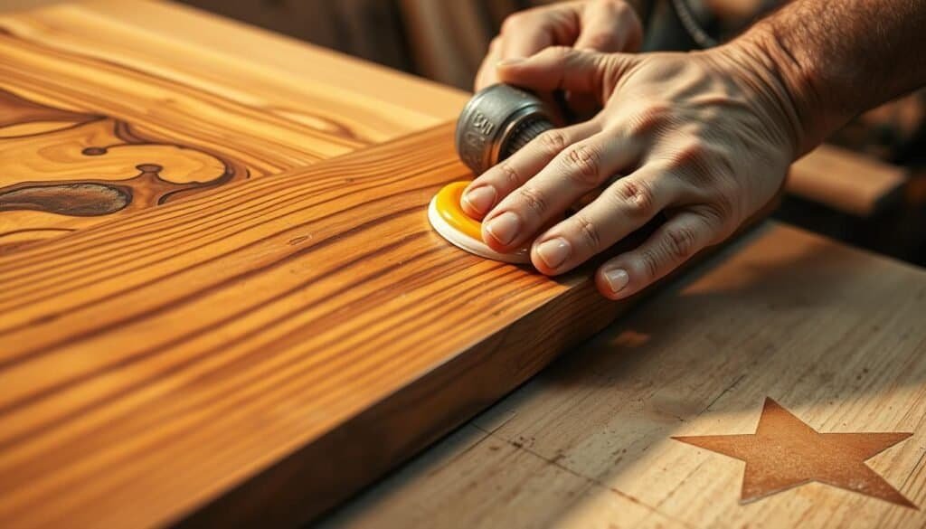 A well-lit, high-resolution close-up photograph of a skilled woodworker burnishing and polishing a finely crafted wooden surface, showcasing the intricate wood grain and natural beauty. The worker's hands carefully apply a lustrous wax polish, creating a flawlessly smooth and shiny finish. Warm, directional lighting accentuates the depth and texture of the wood. A clean, minimalist background allows the craftsmanship to take center stage. The image conveys a sense of precision, expertise, and the pride of "The Sawdust Man" in their work.