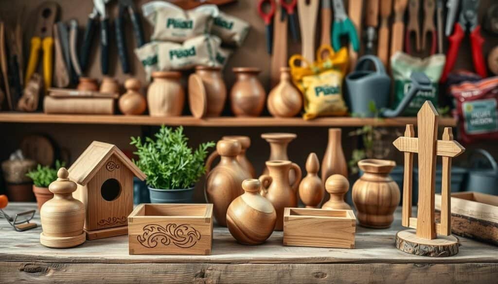 A well-lit, high-resolution image of a variety of handcrafted wooden garden accents and decorations displayed on a rustic wooden workbench. In the foreground, a small wooden planter box with intricate carved patterns, a bird house with a natural wood finish, and a set of wooden garden stakes. In the middle ground, a set of various shaped wooden vases and a small wooden trellis. In the background, a collection of gardening tools and supplies, including pruning shears, a watering can, and potting soil bags, all arranged in a visually appealing and organized manner. The lighting should create a warm, natural ambiance, highlighting the texture and grain of the wood. The overall scene should convey a sense of simplicity, craftsmanship, and a love for outdoor living.